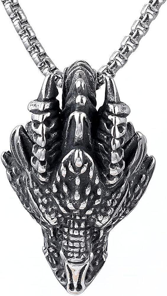 Men's Stainless Steel Vintage Dragon Head Pendant Necklace 24
