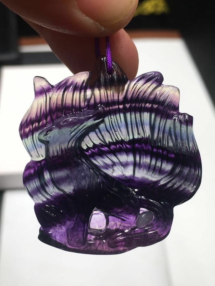 Rainbow Fluorite Crystal Carved Nine-Tail Fox Pendant Necklace  