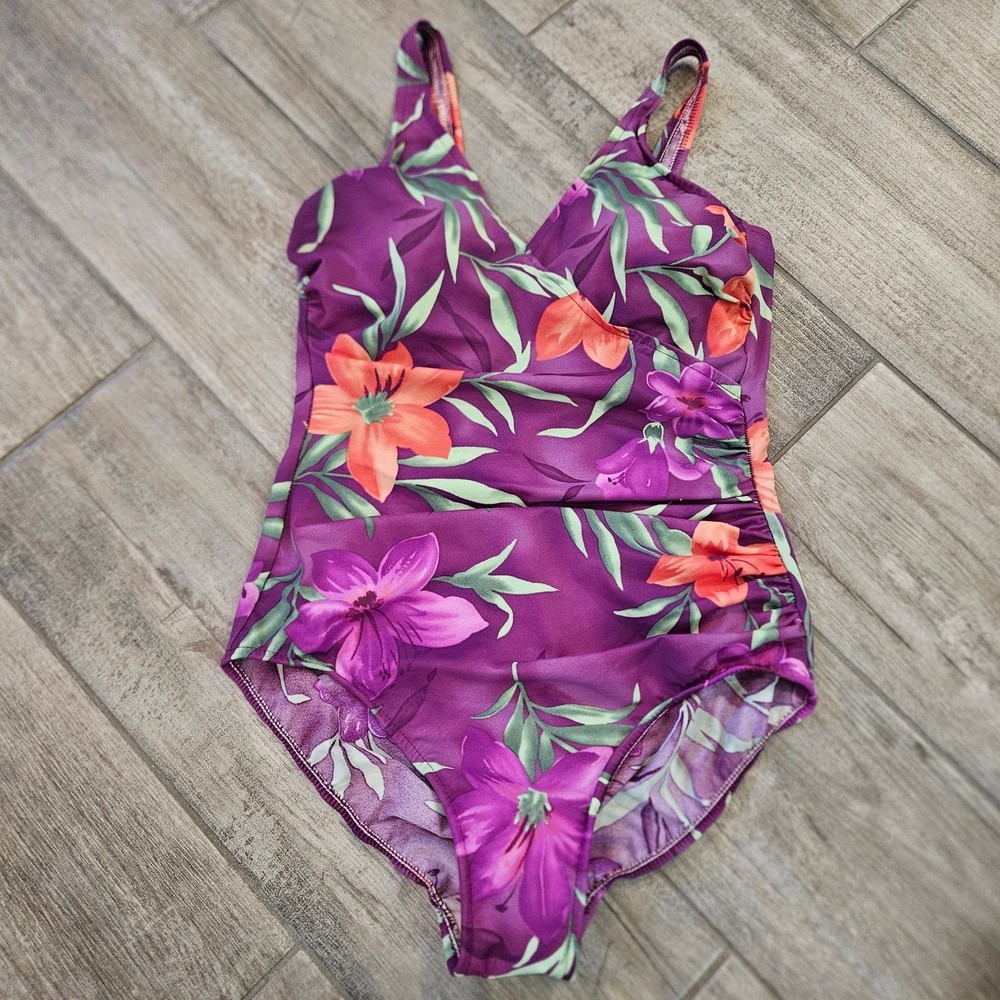 Miraclesuit One Piece Swimsuit Women’s Size 10 Purple Floral Tummy Control Swim