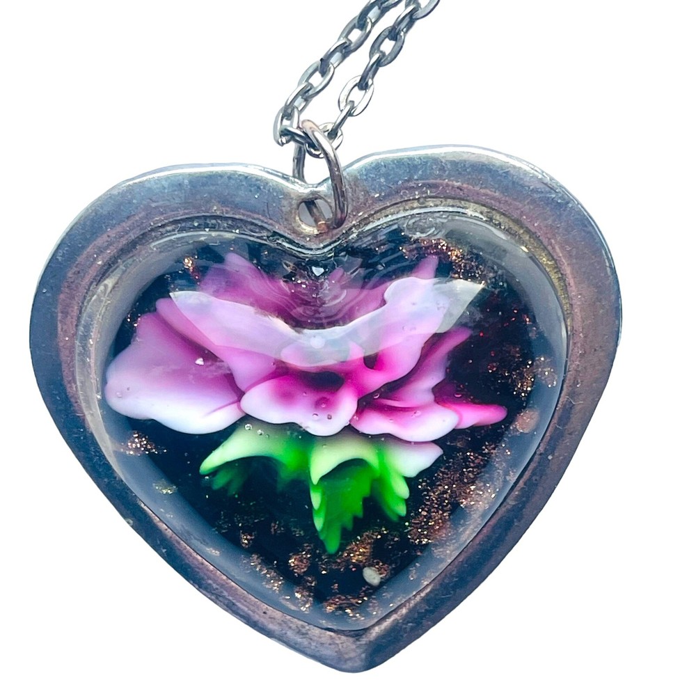Vintage Lampwork Glass Heart Pendant Necklace Murano Style Flower Foil 20