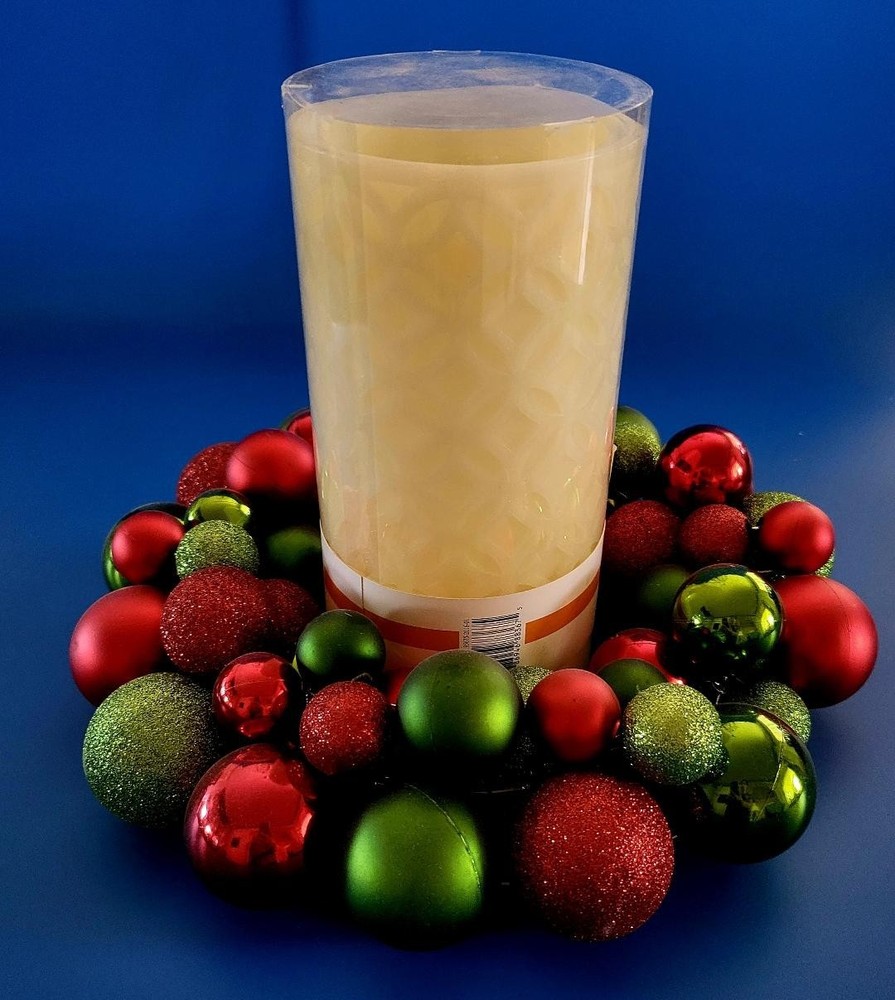 Festive Centerpiece w Green & Red Ornaments & a Real Wax Flameless Candle