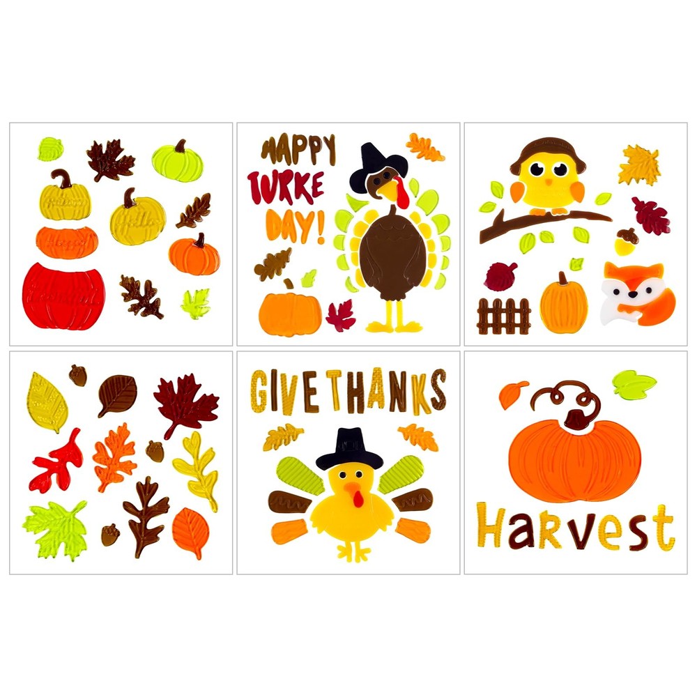6 Sheets Thanksgiving Window Clings Gel – Fall Gel Window Clings for Glass Wi...