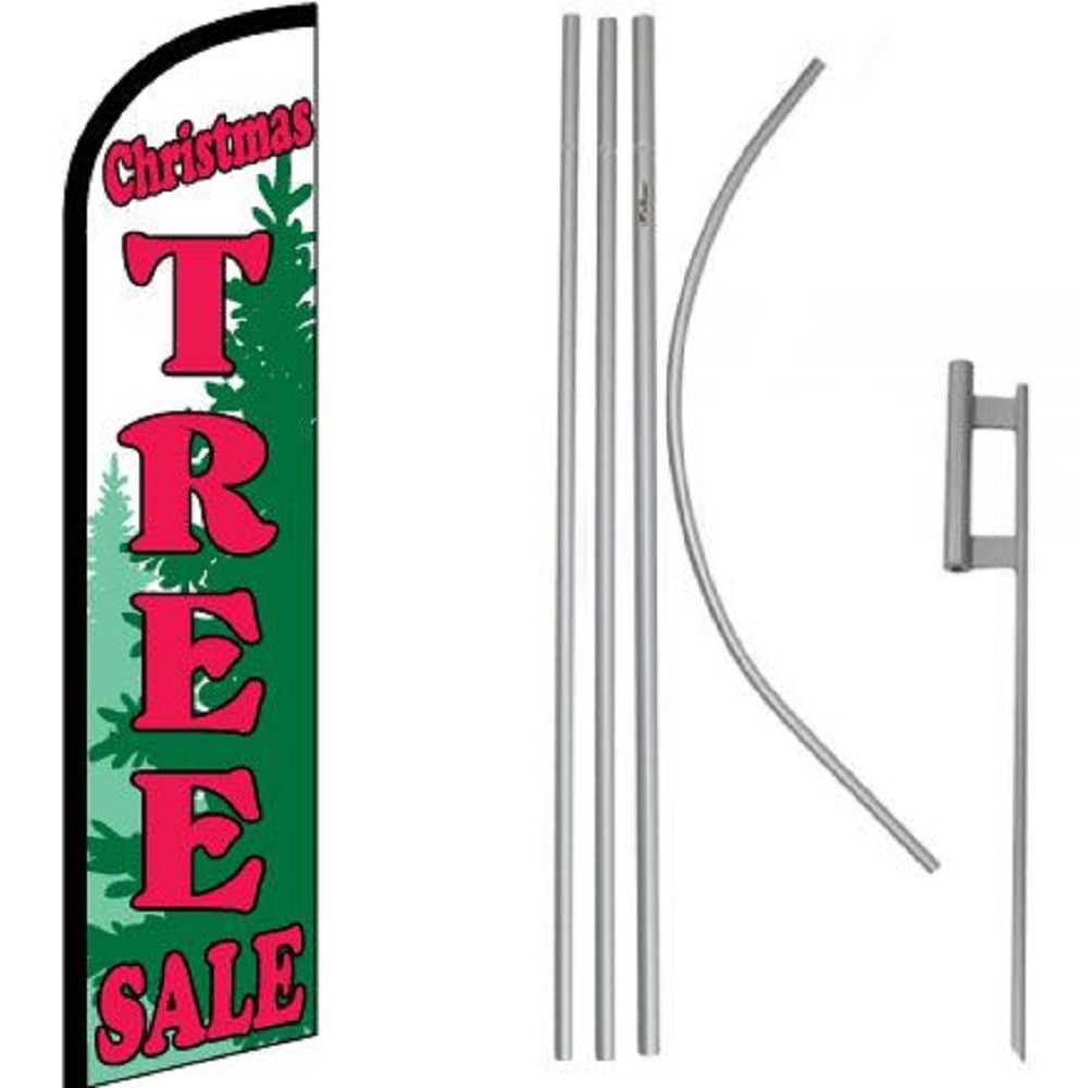 Christmas Tree Sale RWG Windless Banner Flag & 16' Flagpole Kit /Ground-image