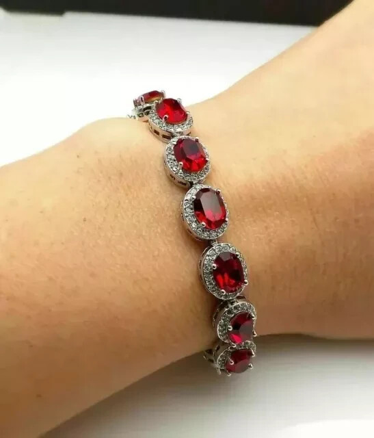 15ct Oval Lab-Created Red Garnet Tennis Bracelet in 14K White Gold Plated 7 Inch