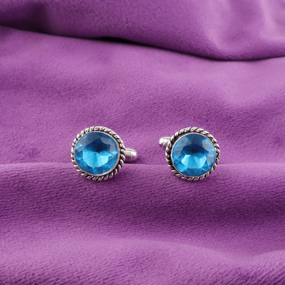 Natural Swiss Blue Topaz Boyfriends Gift Cufflinks Jewelry 925 Sterling Silver