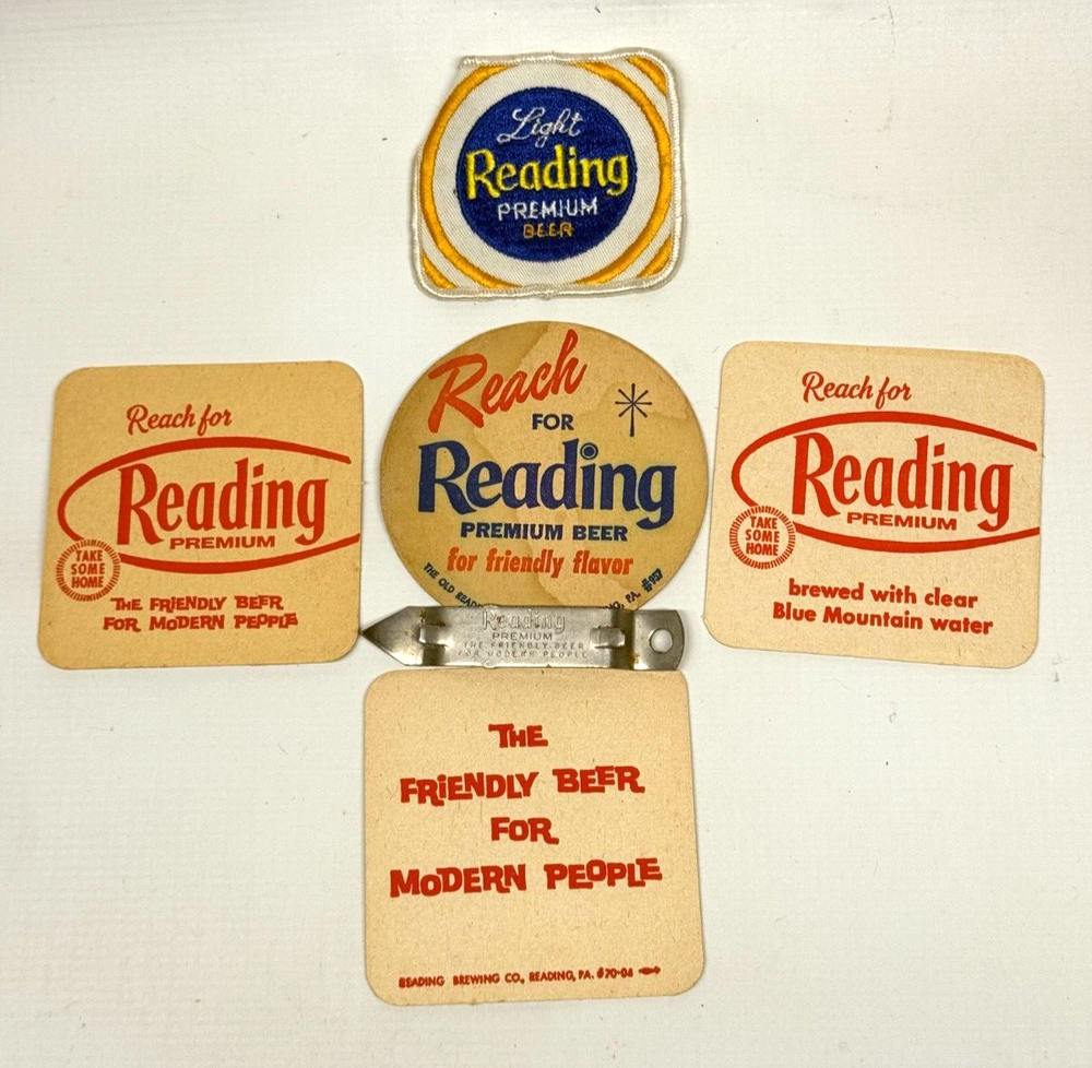 Vintage Reading Beer Bottle Opener, Patch, & Coasters