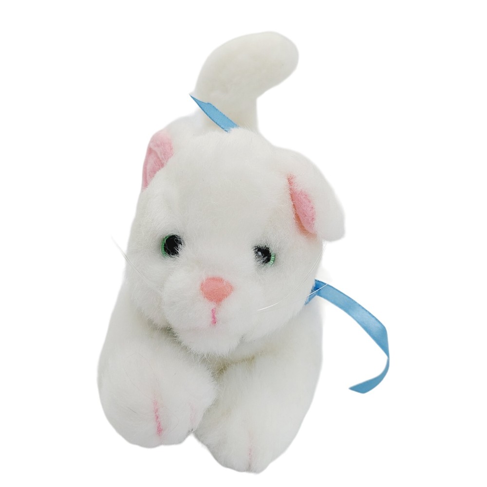 Avon White Fluffy Cat Plush Stuffed Animal Blue Ribbon Biw Green Eyes 1997