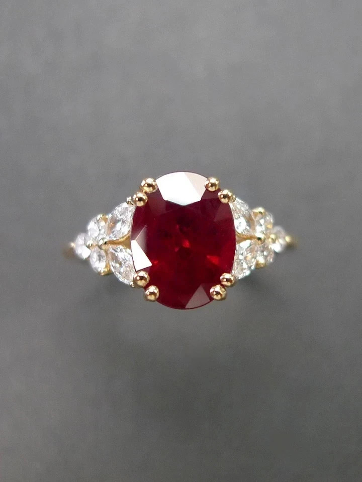 2.75 Ct Oval Cut Ruby & Diamond Wedding Ring 14K Solid Yellow Gold