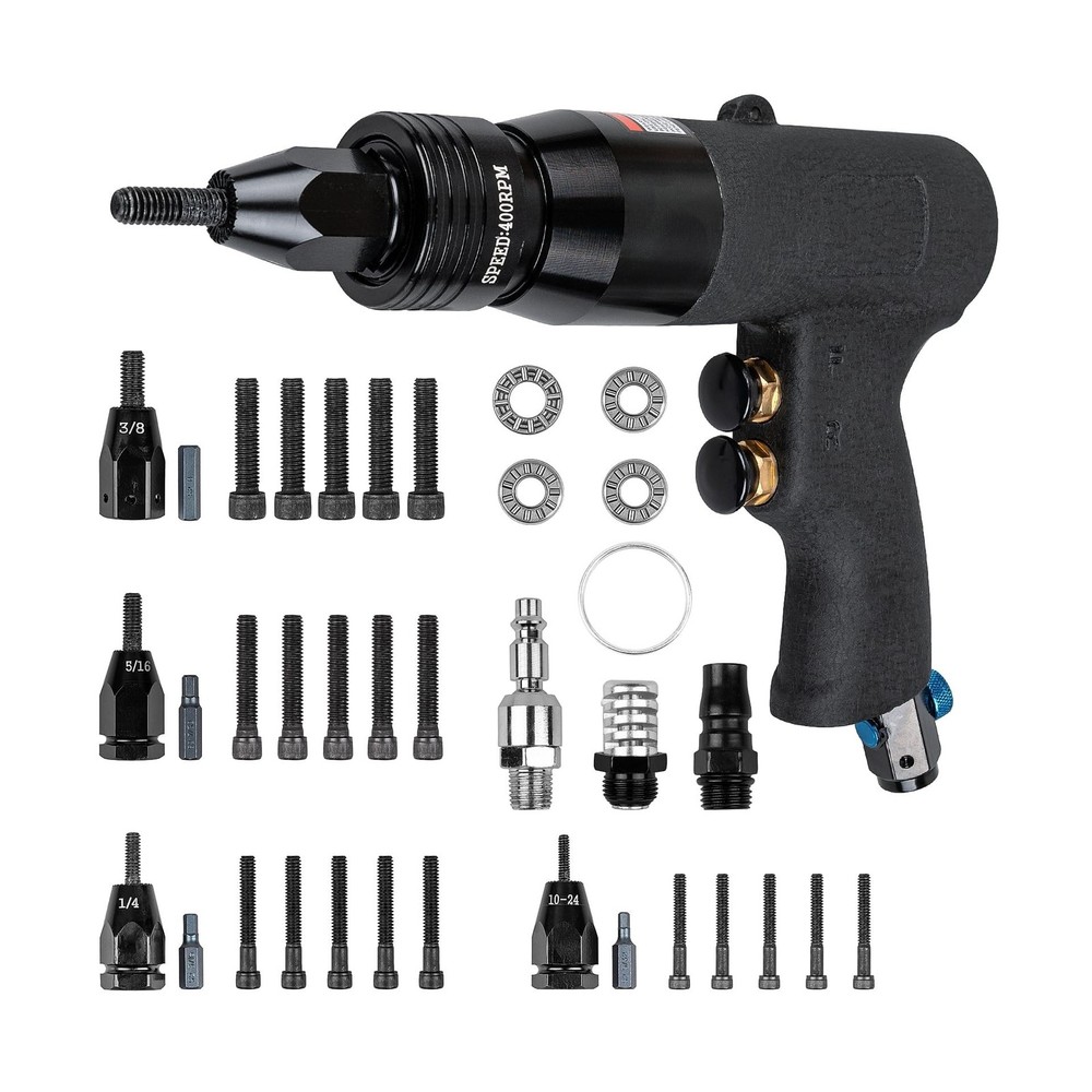 Pneumatic Rivet Nut Gun with 10-24 & 1/4 & 5/16 & 3/8 Self-Locking Head, Adju...