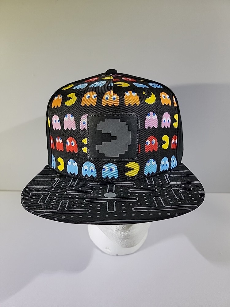 NEW Pac-Man Men's Black Snapback 6-Panel Baseball Cap One Size Hat FLAT BILL