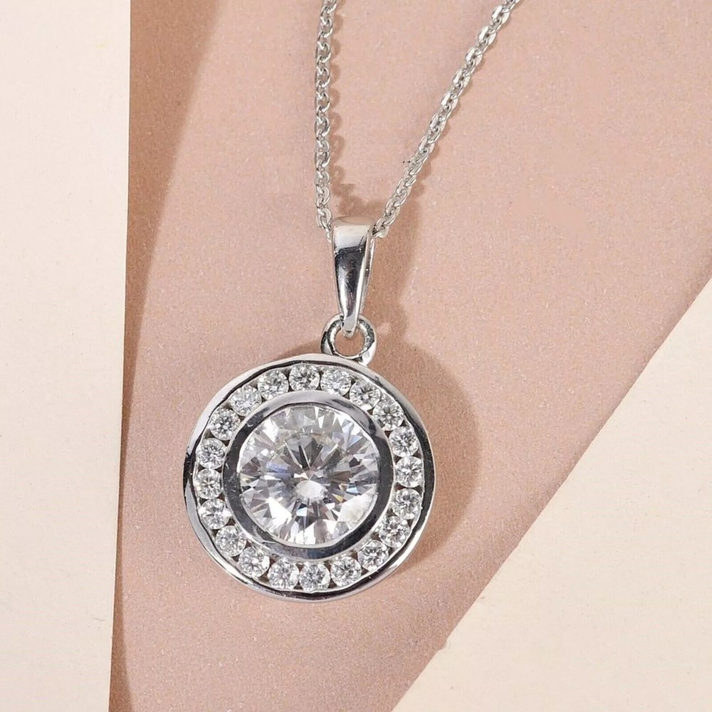 2.0Ct Round Cut Moissanite Women's Halo Pendant Necklaces 14K White Gold Plated