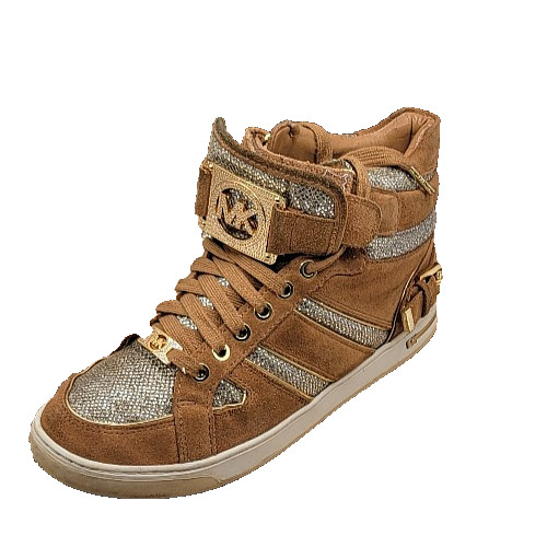 MICHAEL KORS Fulton Women 7.5M High Top Lace Up shoe Brown Gold Glitter MK logo