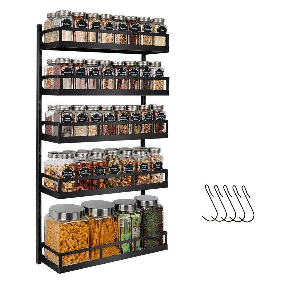 Wall Mount Spice Rack Organizer 5 Tier Height-Adjustable Hanging Spice Shelf ...