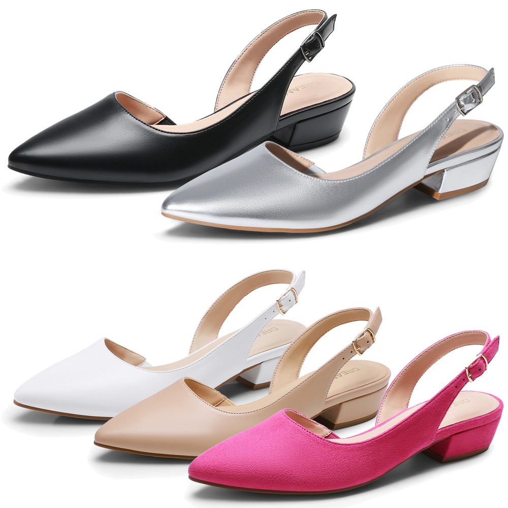 Women Close Pointed Toe Low Chunky Heel Wedding Party Slingback Pump Shoes