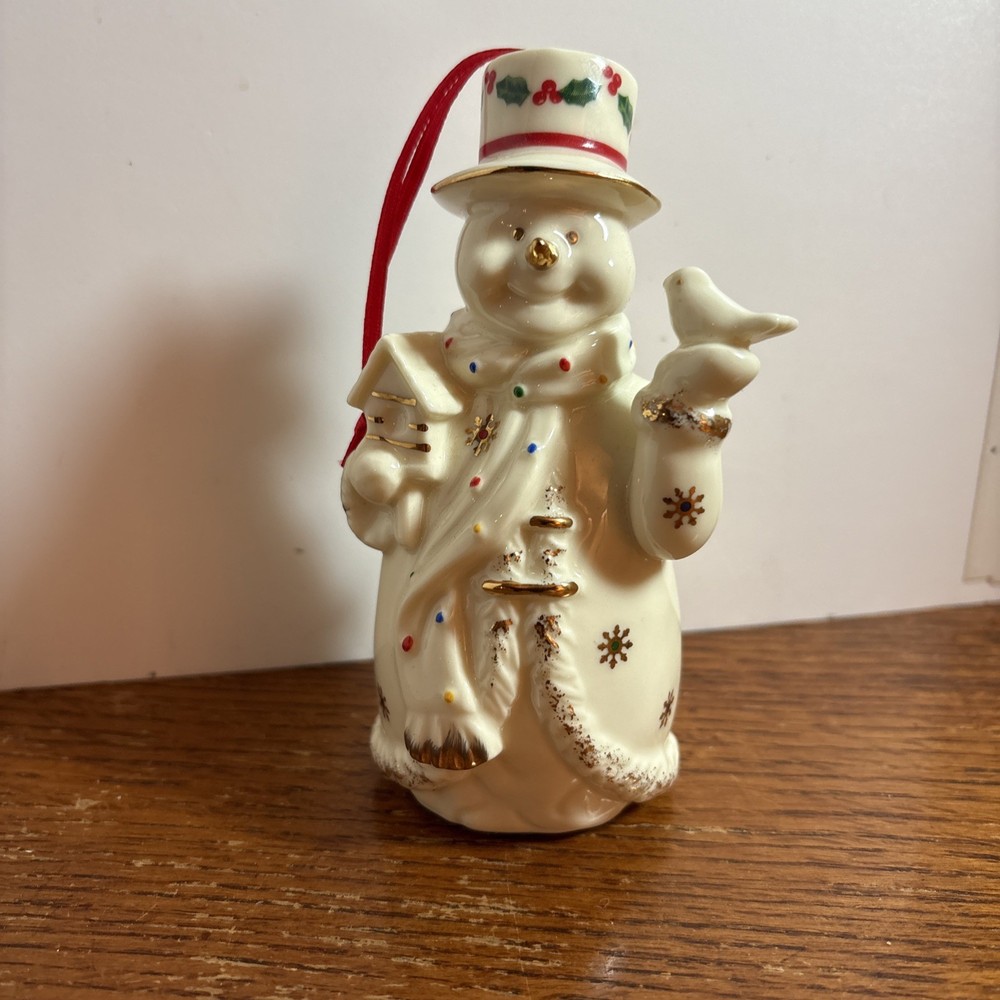 Vintage Baum Bros Ivory Gold Snowman Ornament with Velvet Box and New Batteries