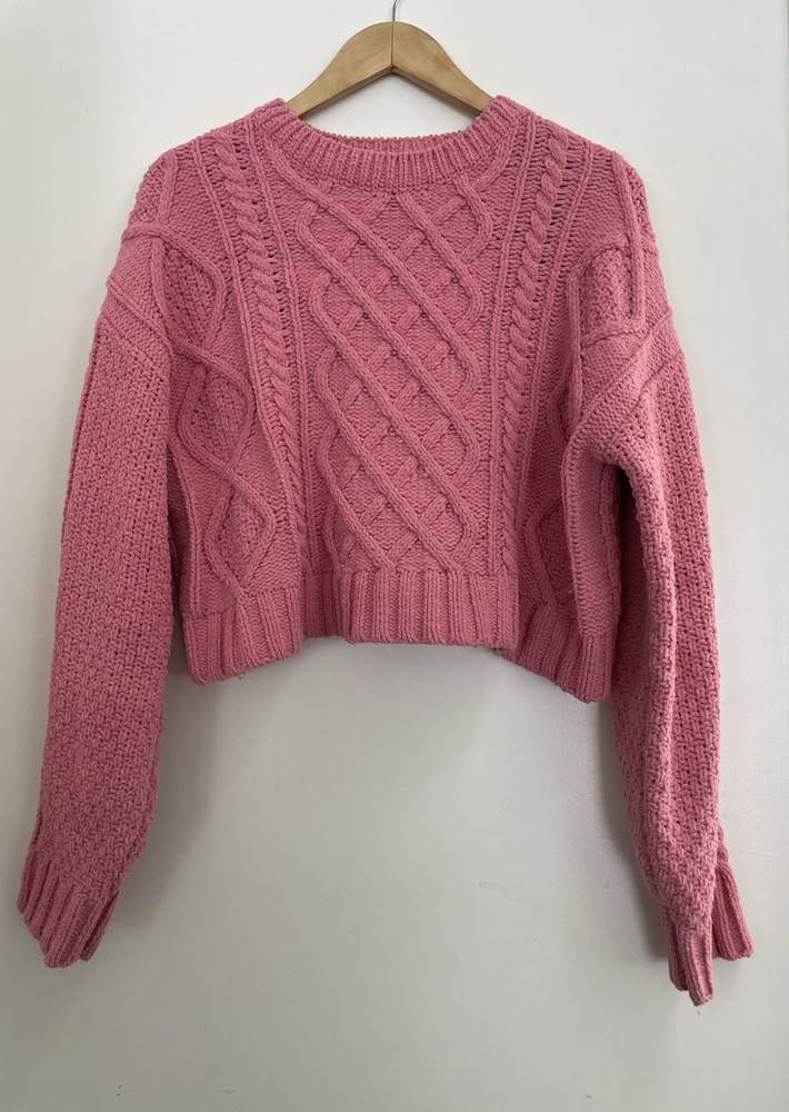 Bershka Womens Solid Pink Soft Cable Knit Cropped Long Sleeve Pullover Sweater M