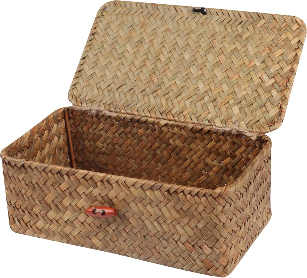 Wicker Shelf Baskets with Lid,Handwoven Seagrass Basket for Natural Small