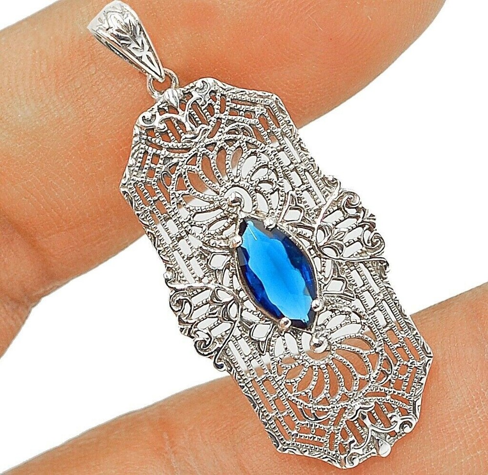 Treated Blue Sapphire 925 Sterling Silver Victorian Style Pendant AB103