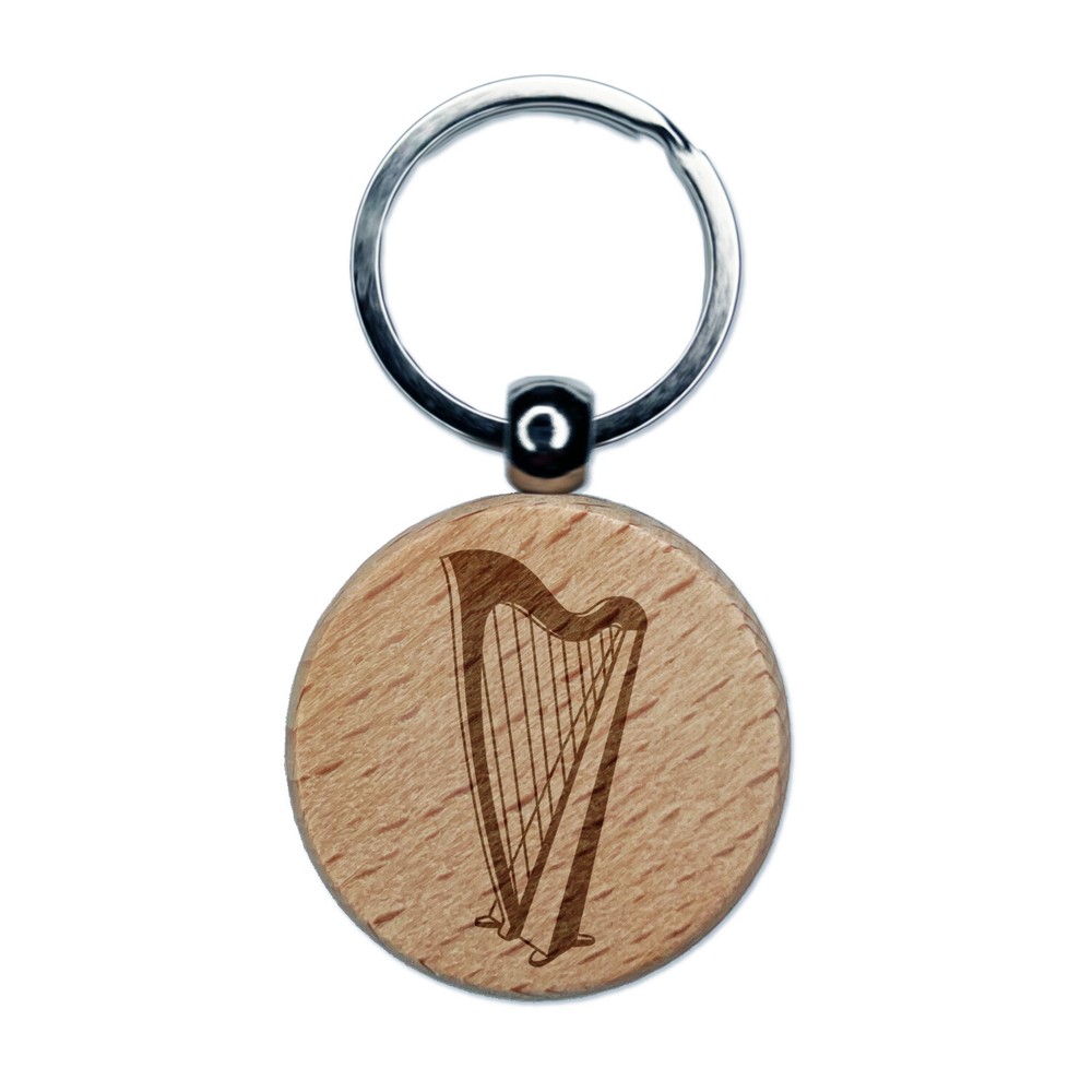 Harp String Instrument Engraved Wood Round Keychain Tag Charm