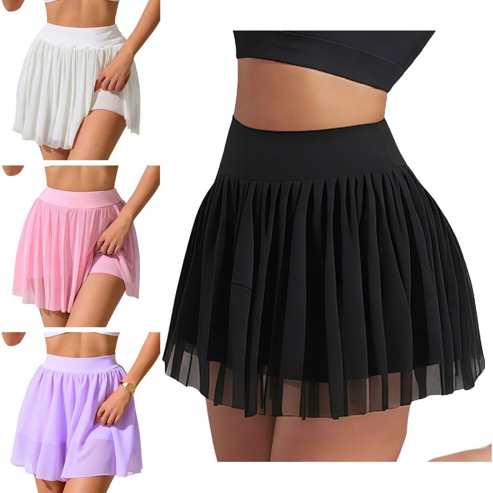 Women Casual Ruffled Skirt High Waist Built-in Shorts Ballet Skating Dance Skirt