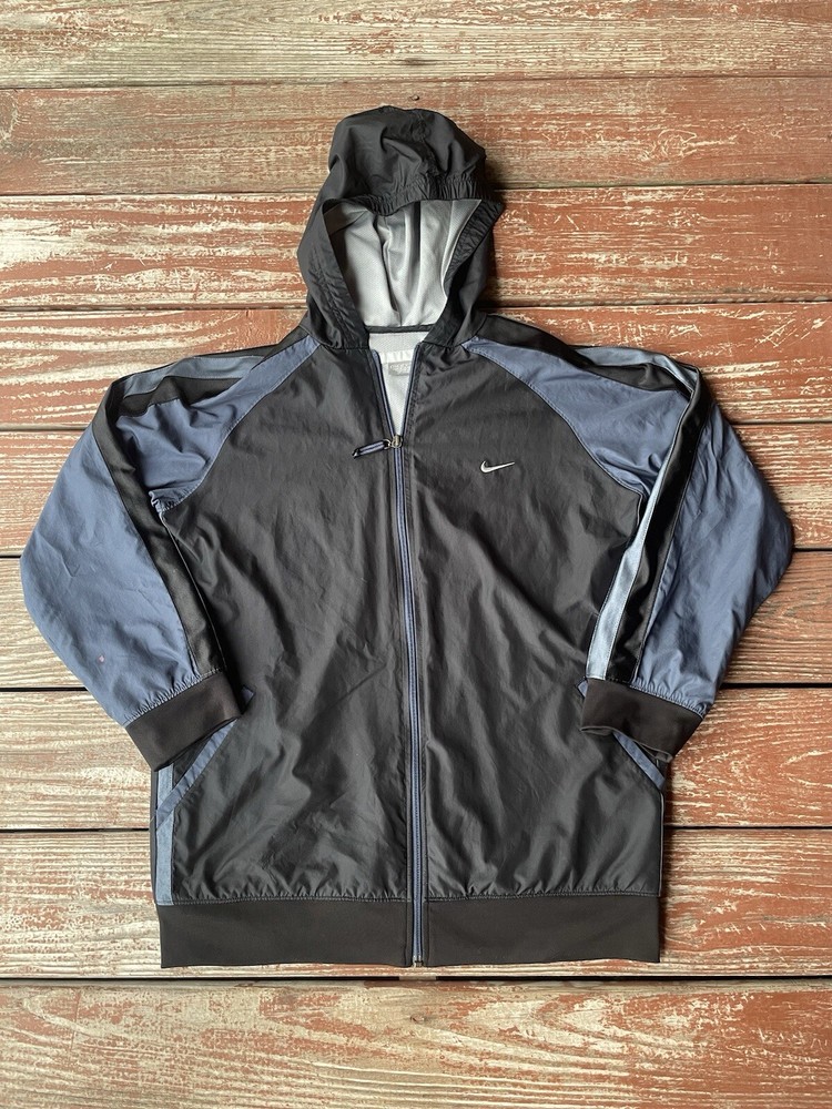 VTG Nike Y2K Jacket Youth L Black Blue Windbreaker Hoodie Full Zip Spell Out