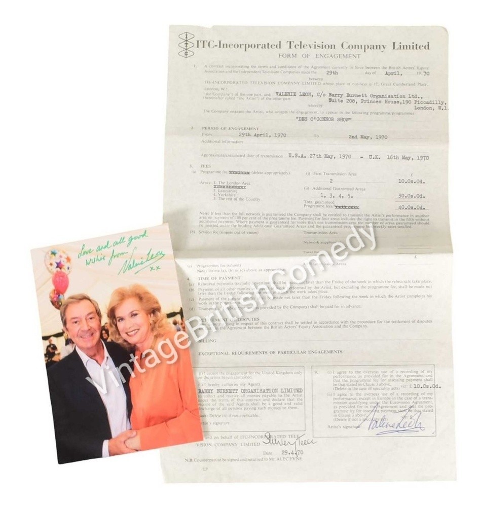UNIQUE Valerie Leon - Personal TV Contract Des O'Connor Show 1970 + Signed Photo