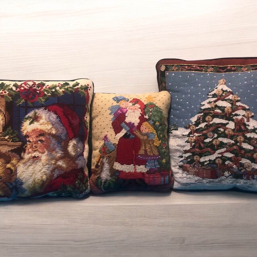 Lot 3Christmas Tree Pillow  DecorationsTapestry Print Wool Needlepoint Velve VTG