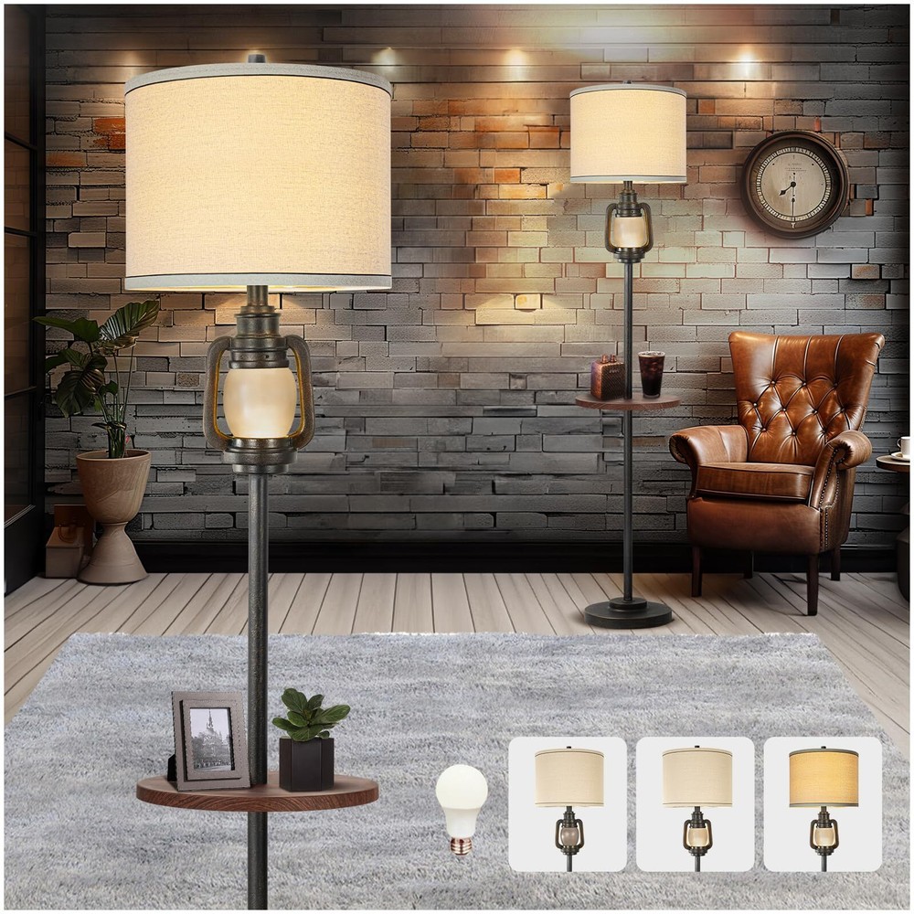 Farmhouse Lantern Floor Lamp with Tray For Living Room Lamp with Nightlight V...