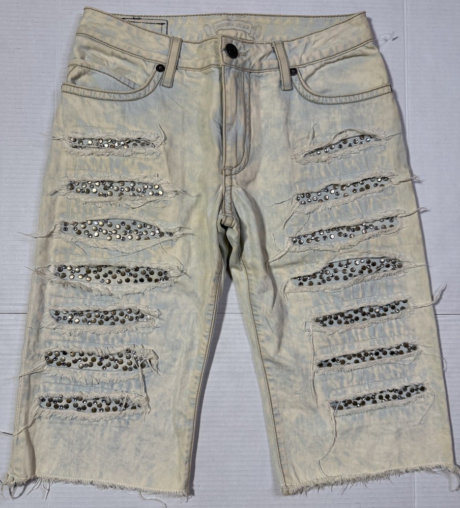 New Men’s Robin’s Jean Denim Shorts SZ 32 Swarovski Crystals & Studs Destroyed