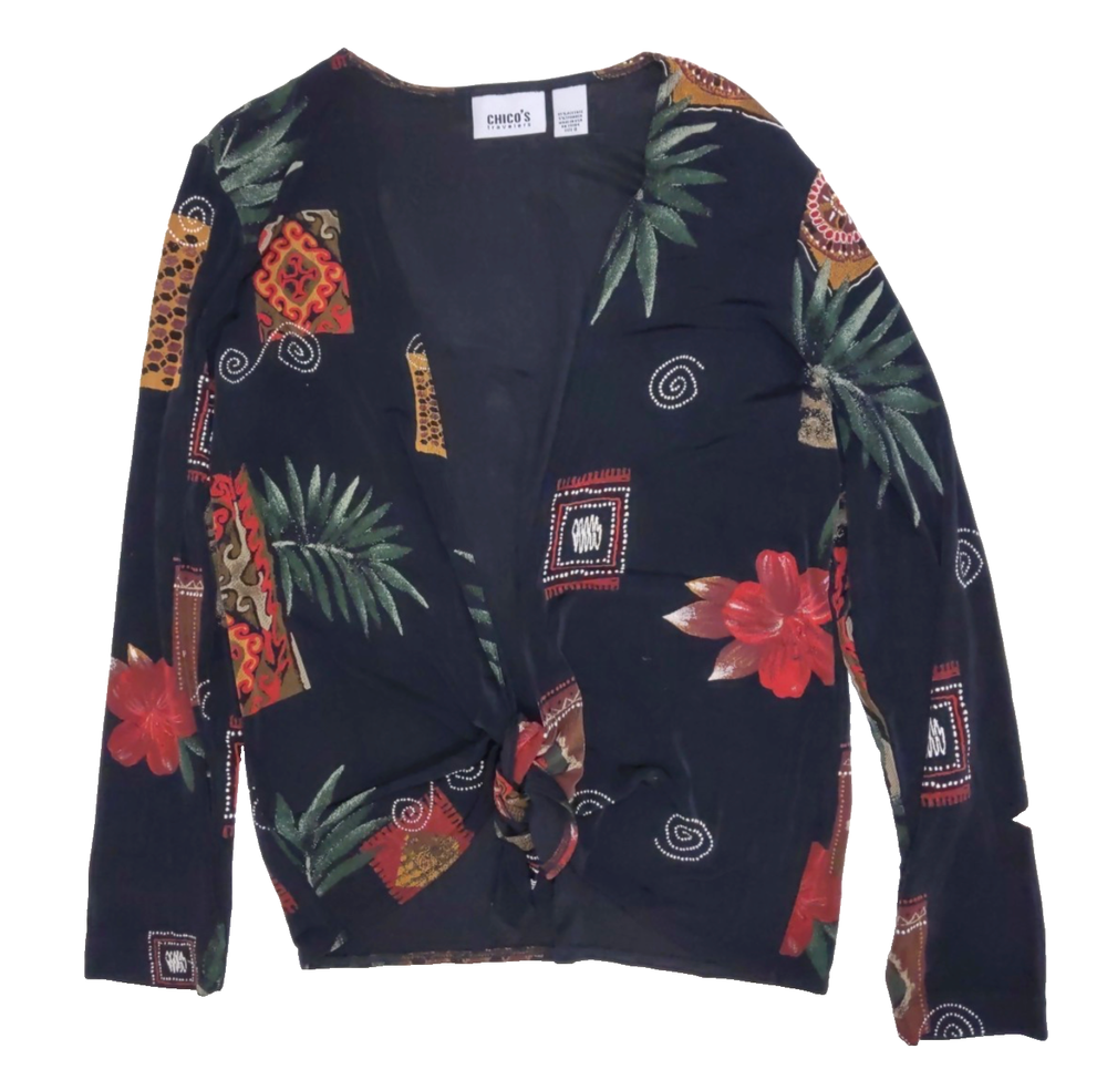 VTG Chico's Travelers TIE FRONT JACKET TOP Black/Multi FLORAL-ABSTRACT sz L/2