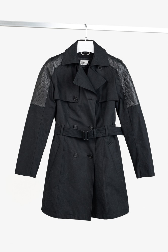 Mackage Lilith Black Cotton Quilted-Leather-Trim Belted Trench Coat, Size S