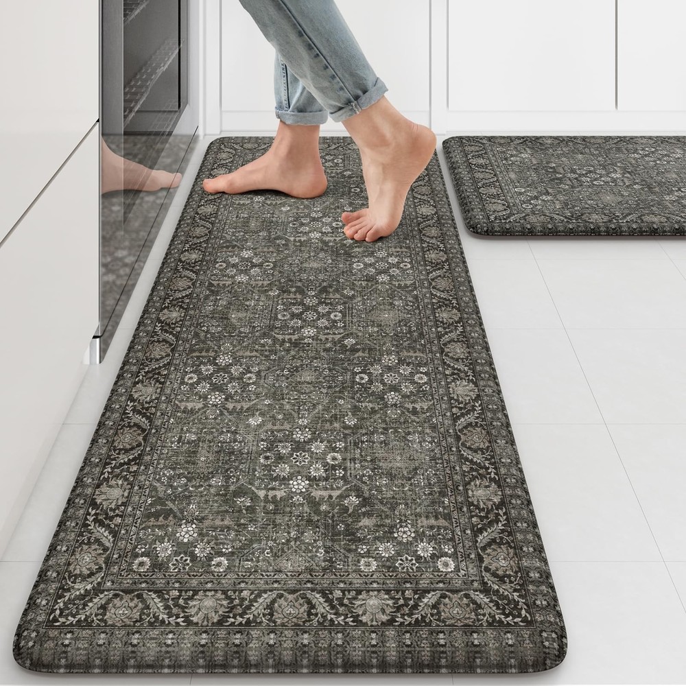 Anti Fatigue Kitchen Mat Set of 2 Waterproof Farmhouse Green Non-Slip Rugs