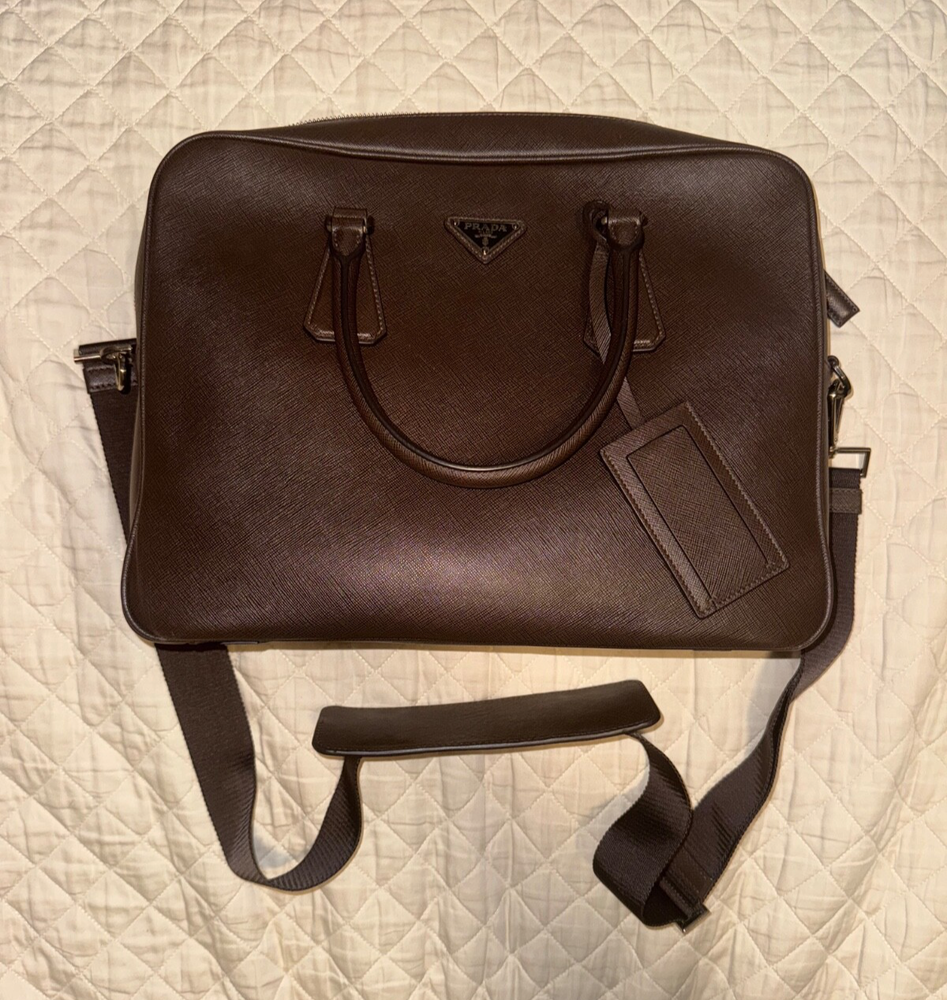 Prada Saffiano luxury black coffee travel briefcase for men