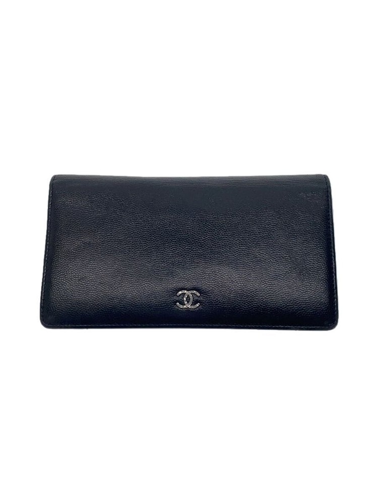 CHANEL Black Leather Silver CC Bifold Long Wallet Pre-Loved F/S