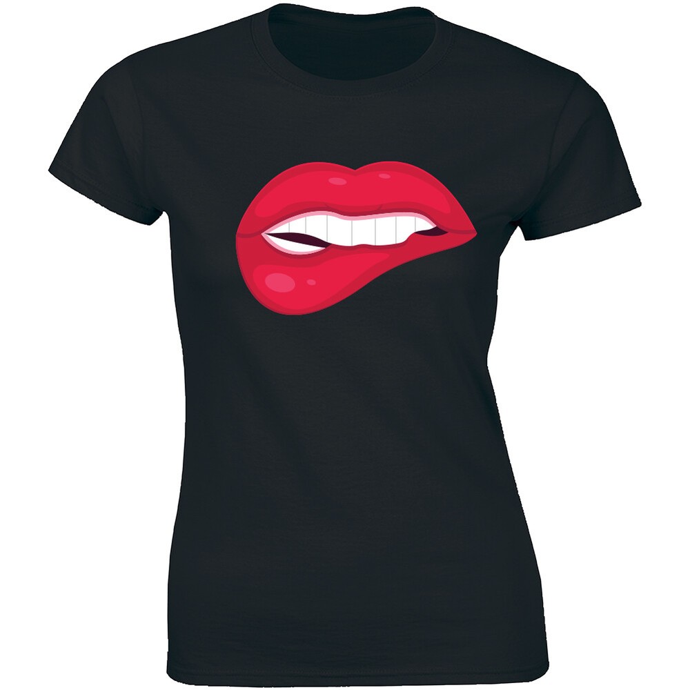 Sexy Red Lips Girl Naughty Biting Lip Women's T-shirt Hipster Funny Fashion Tee