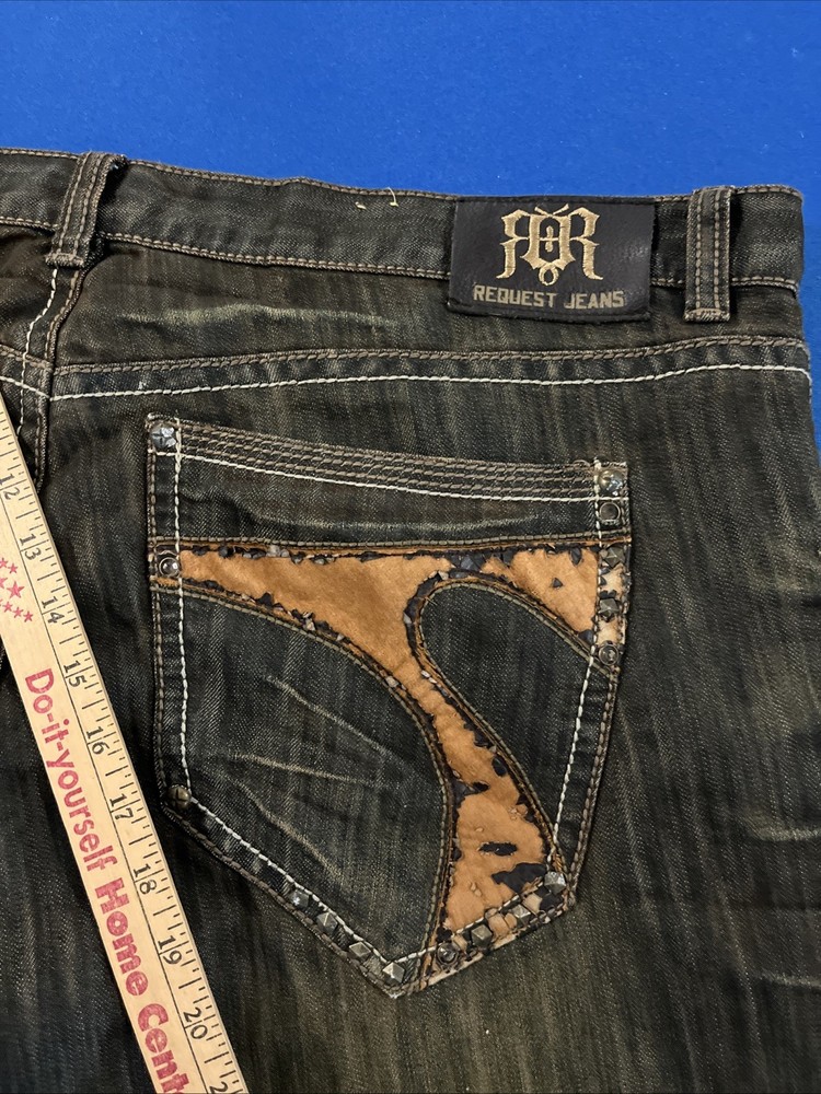 Request Relaxed Straight Jeans Mens 42x32 Black / Brown Fade Baggy Y2K Hip-Hop