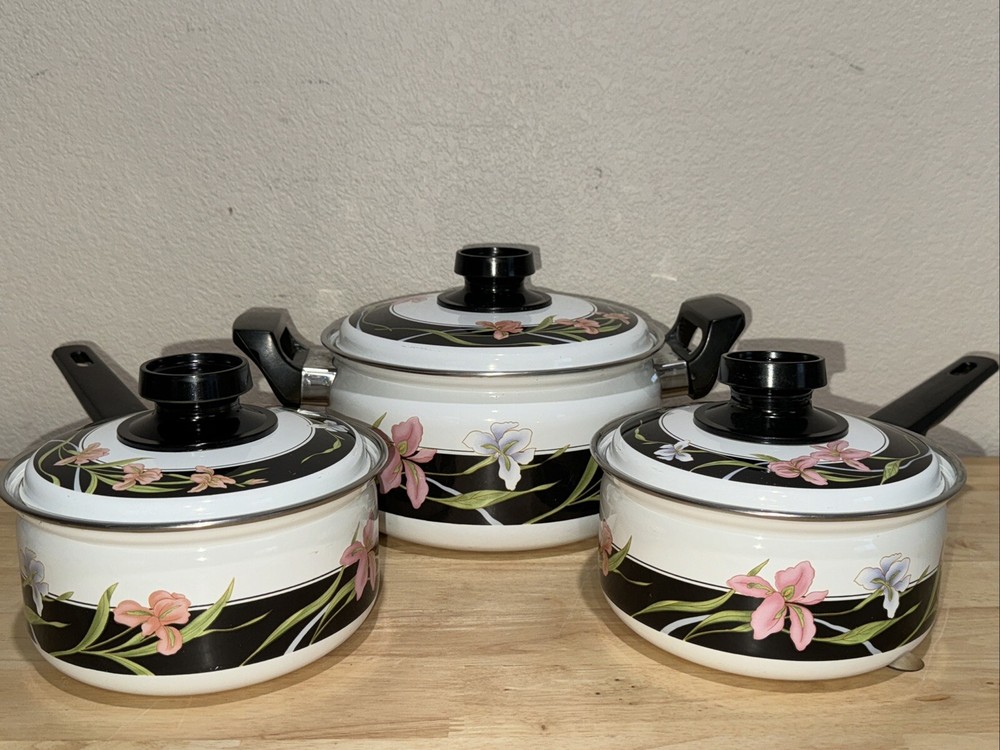 vintage Sango Enamel cookware Floral Iris Set Of 3 Cooking Pots.