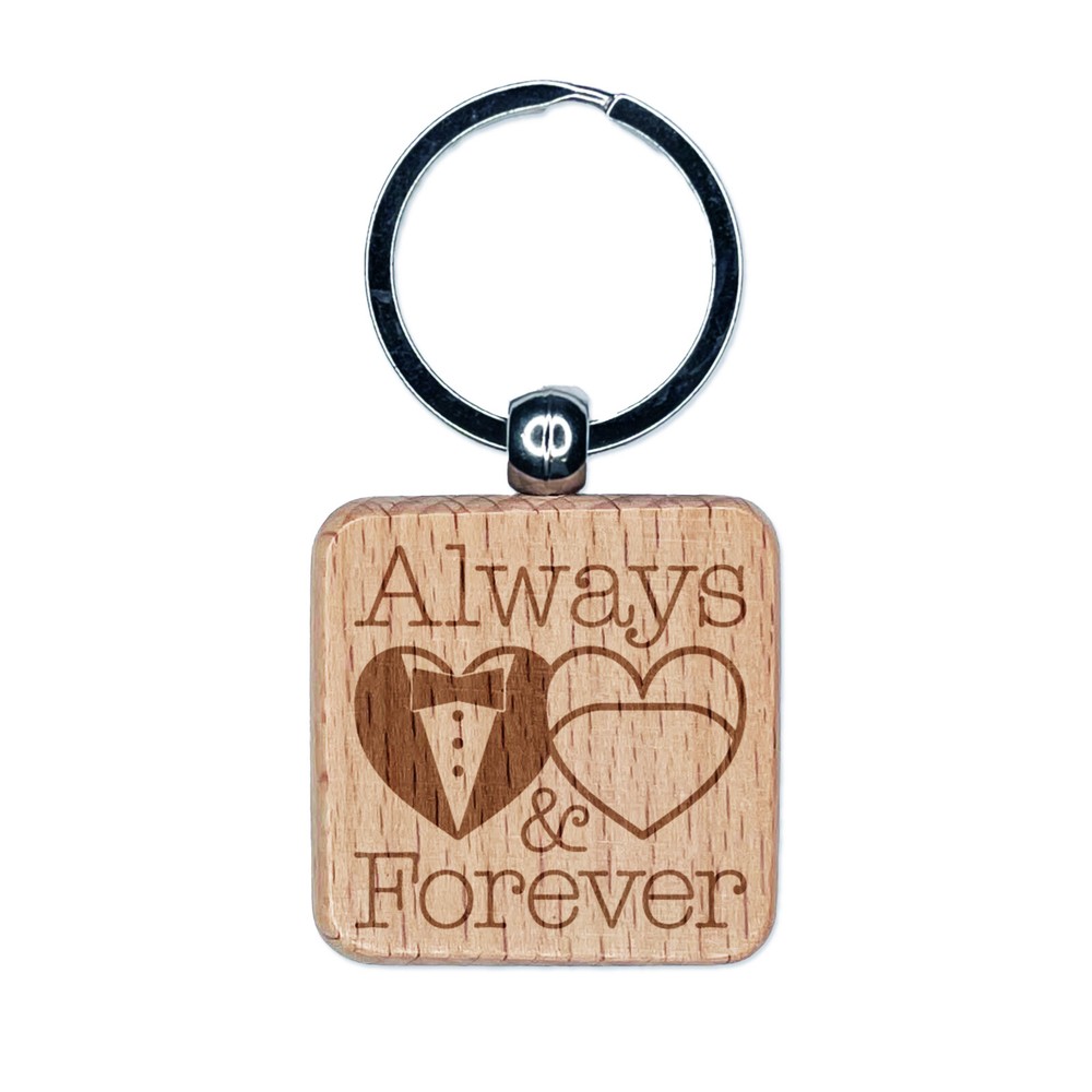Mr and Mrs Always and Forever Wedding Tuxedo Gown Engraved Wood Square Keychain