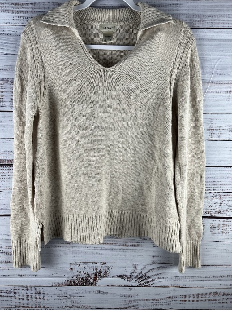 LL Bean Sweater Women’s Medium Oatmeal 41% Cotton 59% Linen Knit V-neck