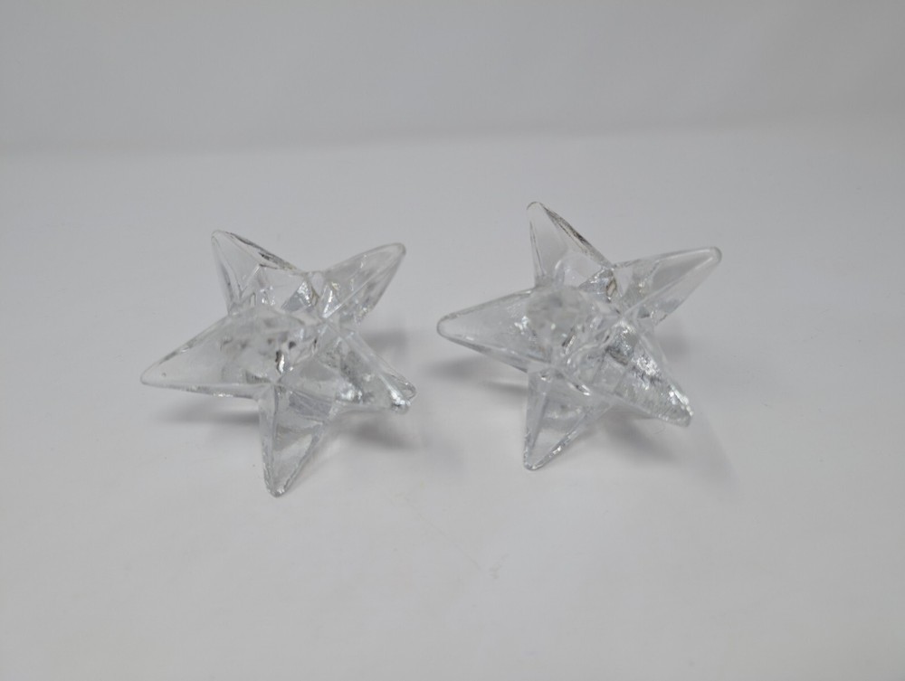 Set Of  2 Vintage 9-Point Clear Crystal Glass Star Candle Stick Holder