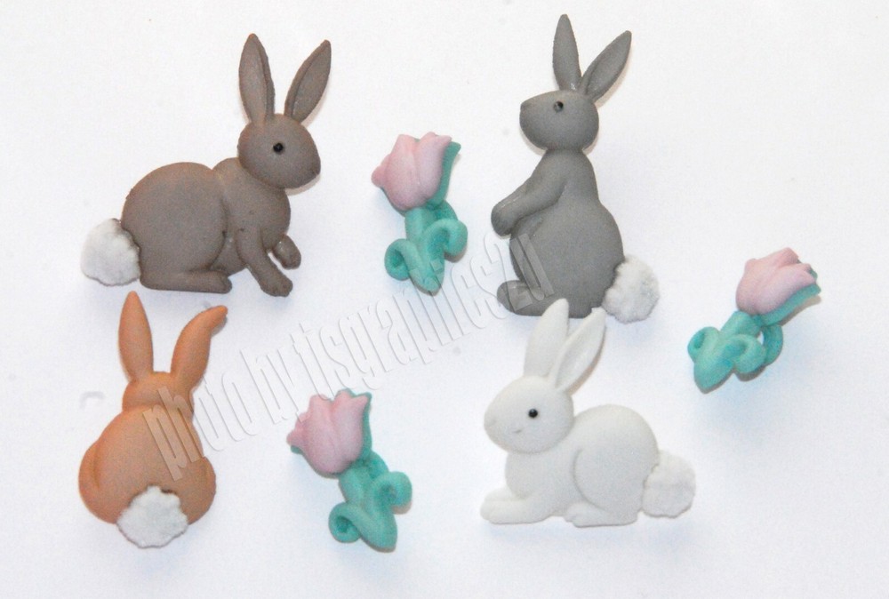 Cotton Tails / 4 Easter Rabbits & Pink Tulip Buttons / Jesse James Dress It Up