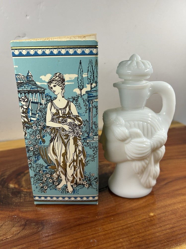 Vintage 1970s Avon Grecian Pitcher White Milk Glass Skin So Soft Bath Oil Bottle Full