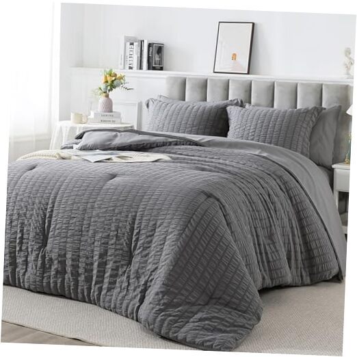 Size Seersucker Comforter Set - 7 Pieces Reversible Comforters King Dark Grey
