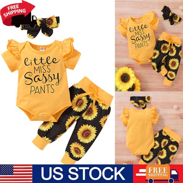 3Pcs Newborn Baby Girl Clothes Letter Romper Tops+Pants+ Headband Outfit Set