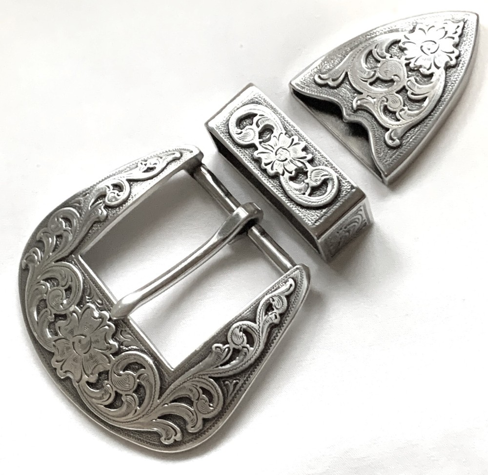 BELT BUCKLES 3pc Buckle Set 1.5 inch Engraved Western Floral Scroll Silver NWOT!