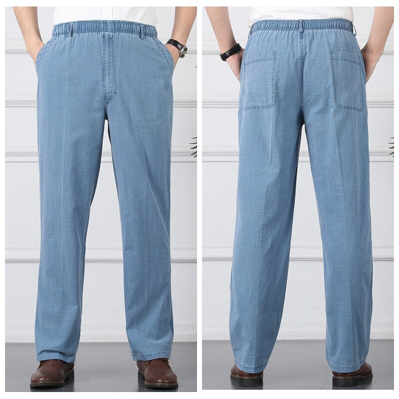Mens Linen Pants Formal Business Straight Leg Trousers Loose Elastic Waist