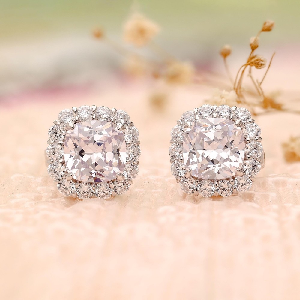 Elegant Sparkling Cushion Cut Cubic Zirconia Halo Style 925 Silver Stud Earrings