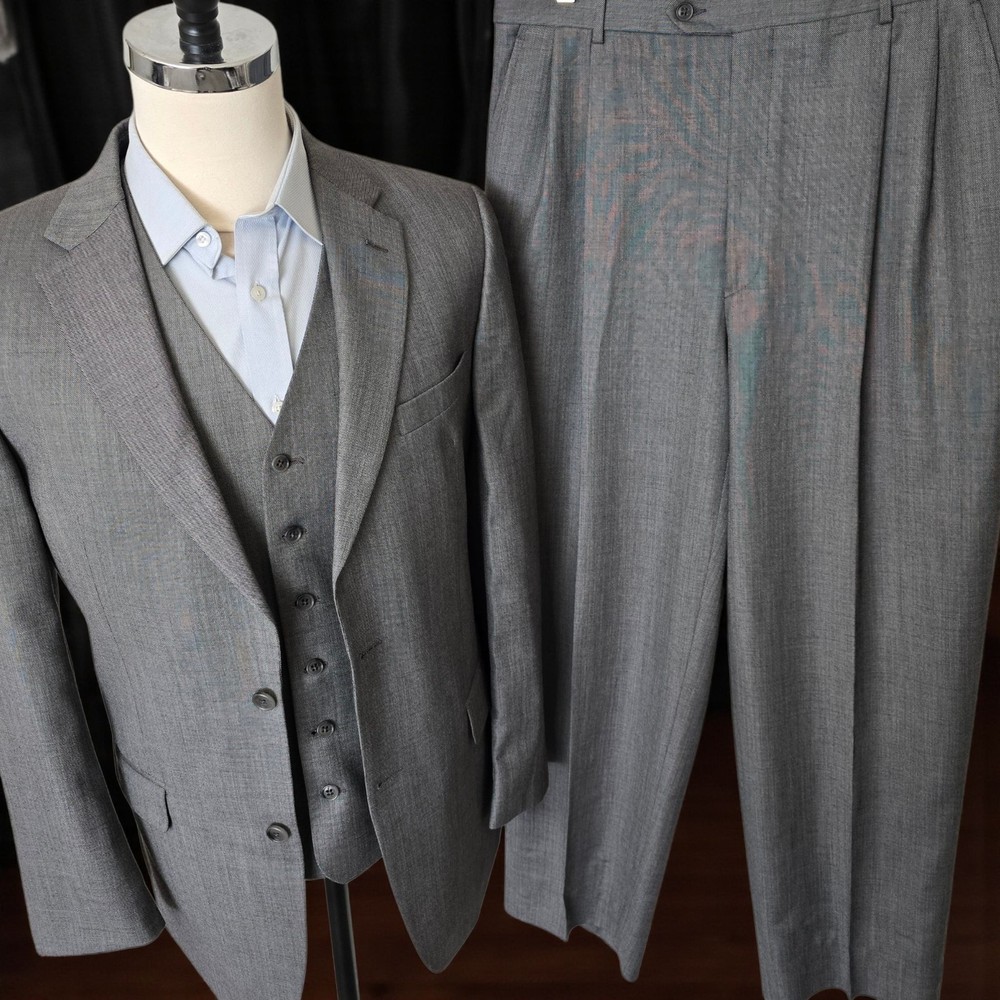 Vintage 3 Piece Wool Suit 42L 35x30 Sharkskin By Joseph Feiss Gold