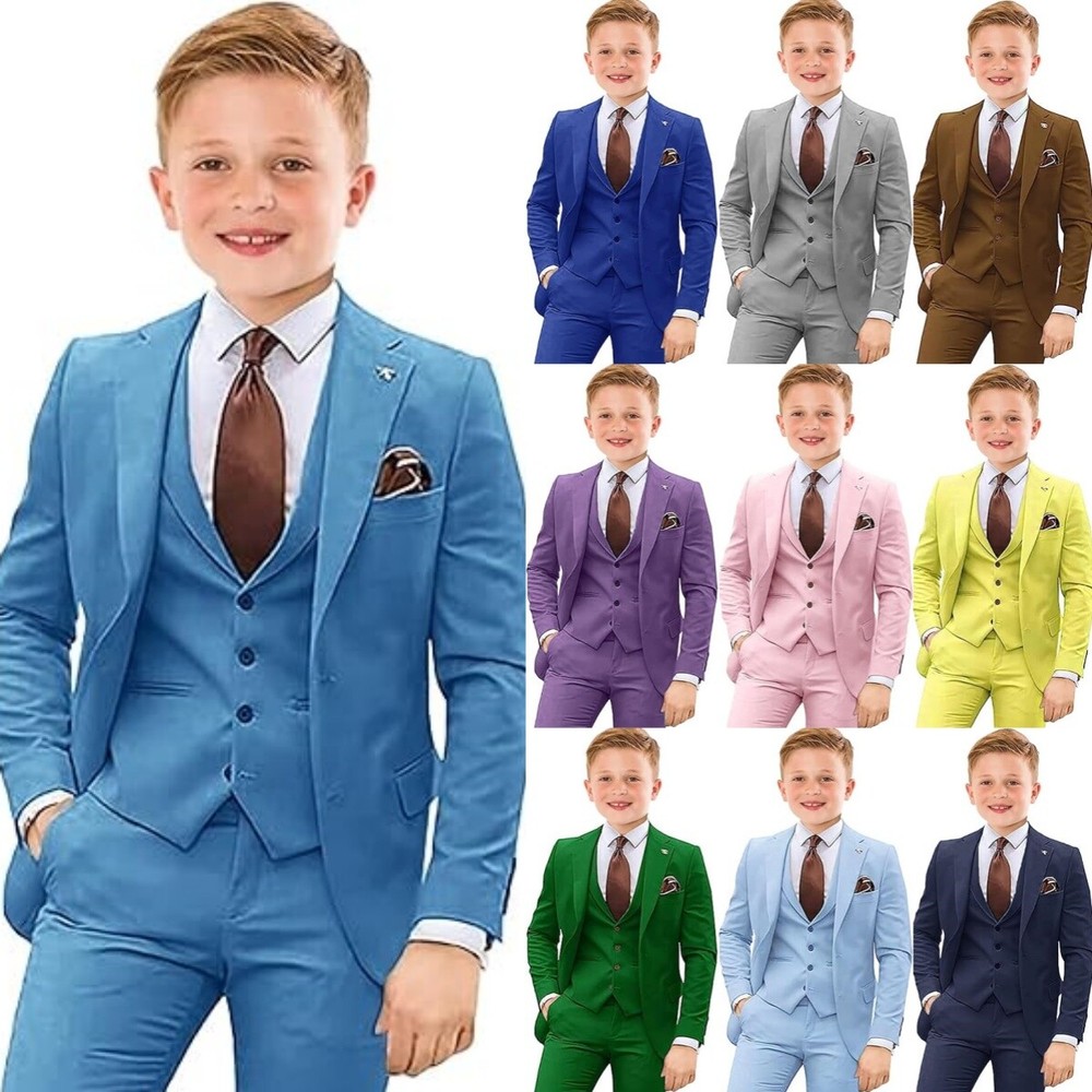 Boys Suit 3 Pcs Slim Fit Kids Tuxedo Suit Formal Wedding Outfit Blazer Vest Set