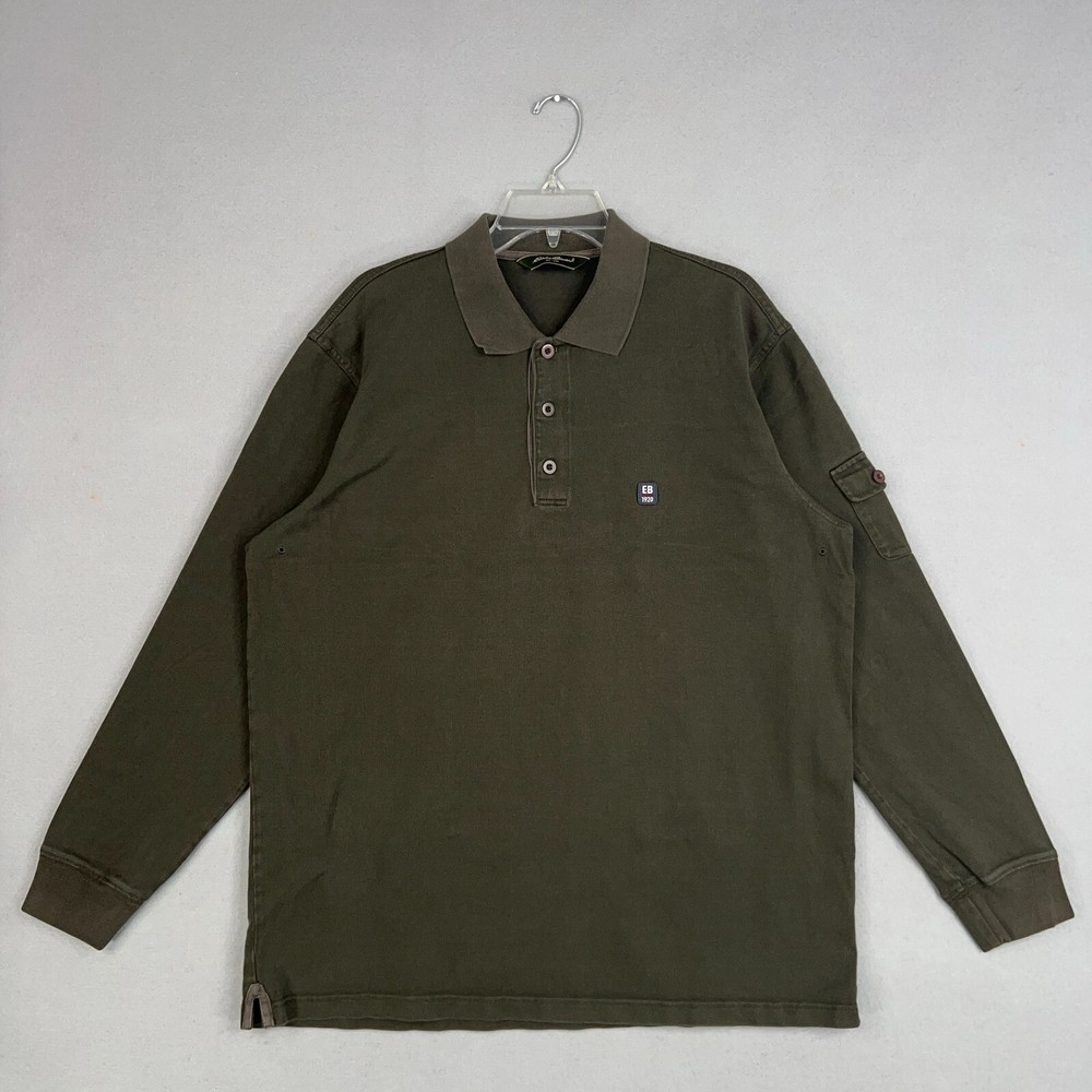 Eddie Bauer Shirt Mens Large Tall Green Long Sleeve Polo Solid Plain Cargo Gorp